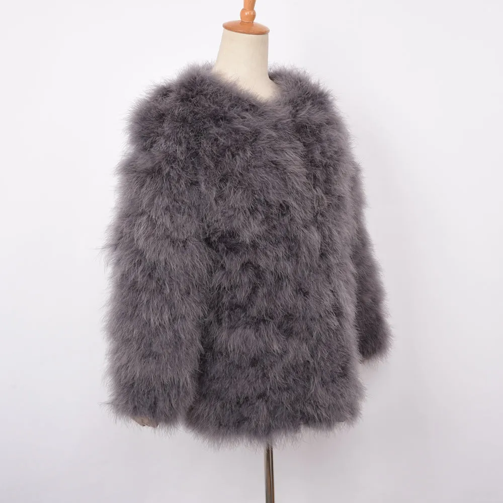 Women Real Fur Coat Long Style Genuine Ostrich Feather Fur Winter Dark Grey Jacket