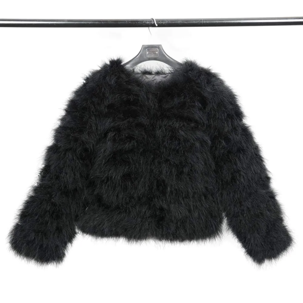 Women Real Ostrich Fur Coat Genuine Feather Winter Jacket Overcoat Long Sleeves Black