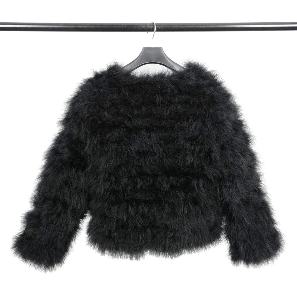 Women Real Ostrich Fur Coat Genuine Feather Winter Jacket Overcoat Long Sleeves Black